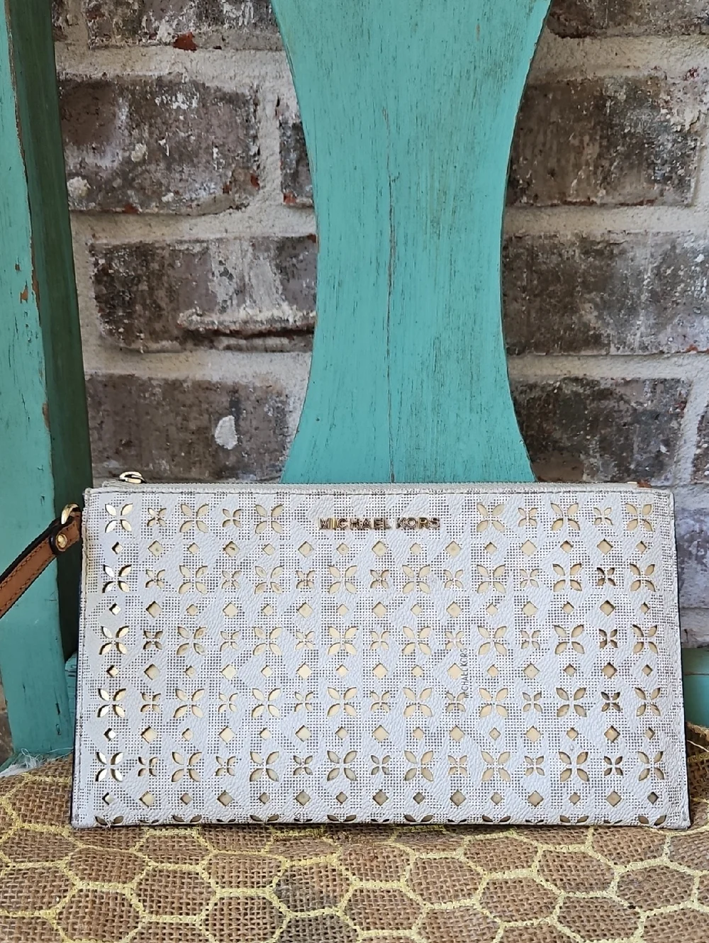 Michael Kors Gold And Cream Signature Perforated Wristlet